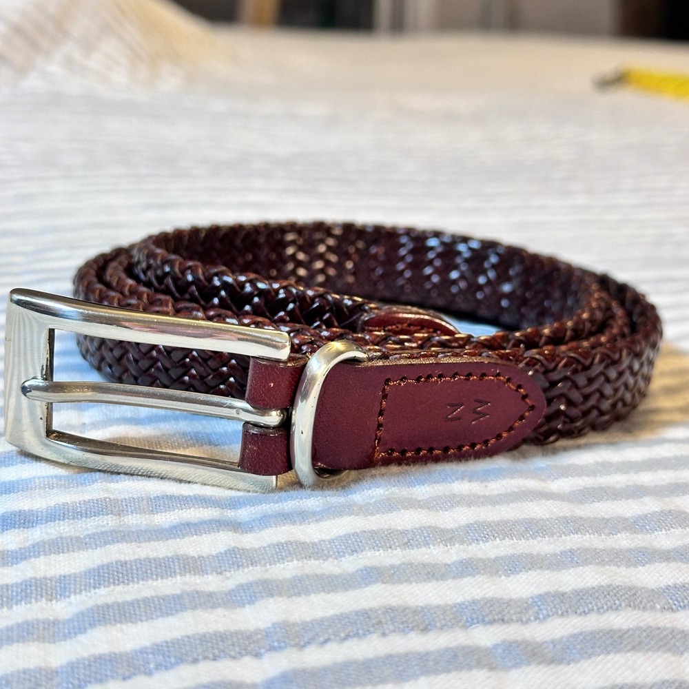 Womens Braided Leather Belt Burgundy Mahogany‎ Silver Buckle Size L